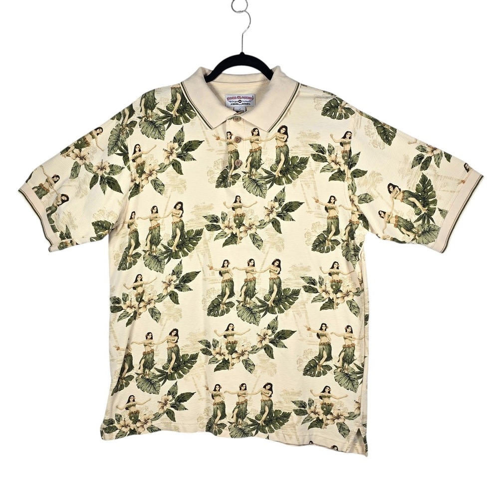 Boca Classics Polo Shirt Mens LT Cream Hula Girl Tropical Print Ribbed Cotton